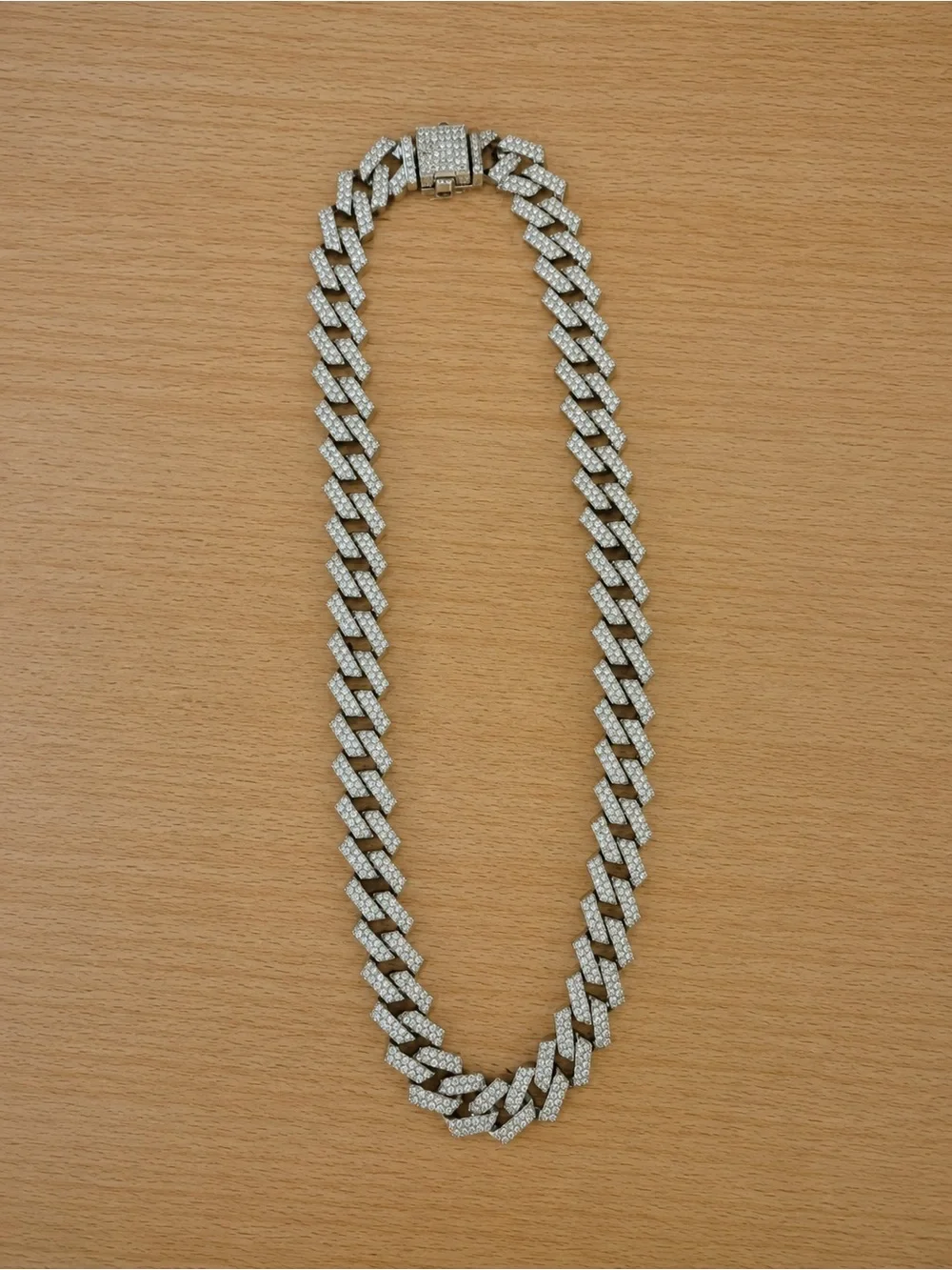 Silver Cuban Link Chain Necklace with Pavé Stones - Men Accessories